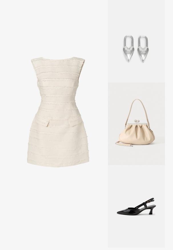 Vestido blanco con rayas verticales texturizadas, diseño ajustado, escote redondeado y dos pequeños bolsillos delanteros.; Zapato slingback de charol negro con tacón bajo, punta puntiaguda y correa ajustable con hebilla dorada sobre fondo blanco.; Bolso de mano de cuero suave beige con cierre de marco metálico plateado, una correa para el hombro y una correa de cadena opcional sobre un fondo blanco.; Avgvst YES NO HEART LOCK EARRINGS - Pendientes - silver-coloured