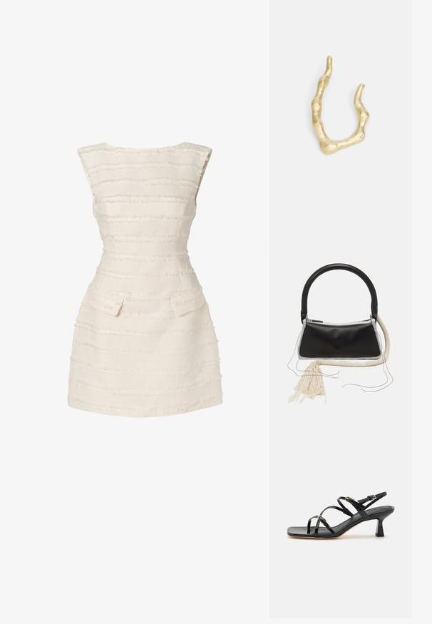 Vestido blanco con rayas verticales texturizadas, diseño ajustado, escote redondeado y dos pequeños bolsillos delanteros.; Sandalias de charol negro con tiras, punta cuadrada y un bajo tacón en bloque. Presenta herrajes en tono dorado y correas en el tobillo ajustables.; Bolso de cuero negro con un asa redondeada, cremallera plateada, ribete de piel de oveja blanca, y un largo borlón crema unido a la parte delantera.; Anillo de tono dorado con un diseño irregular y ondulado. Presenta una superficie texturizada y espesores variables, que se asemejan a formas orgánicas.