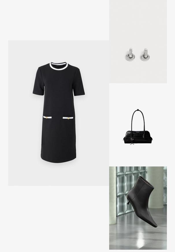 Vestido negro hasta la rodilla con cuello redondo, mangas cortas, dos bolsillos frontales con detalles en blanco y dorado, y una textura de tela suave.; Bota de cuero negro para el tobillo con puntera puntiaguda y tacón pequeño, exhibida frente a una pared de bloques de vidrio y un suelo pulido.; Bolso de hombro negro de cuero con textura de cocodrilo, con correas largas y un pequeño colgante de logo plateado en una correa.; Par de pequeños pendientes de aro plateados brillantes con base redonda, exhibidos sobre un fondo claro y liso.