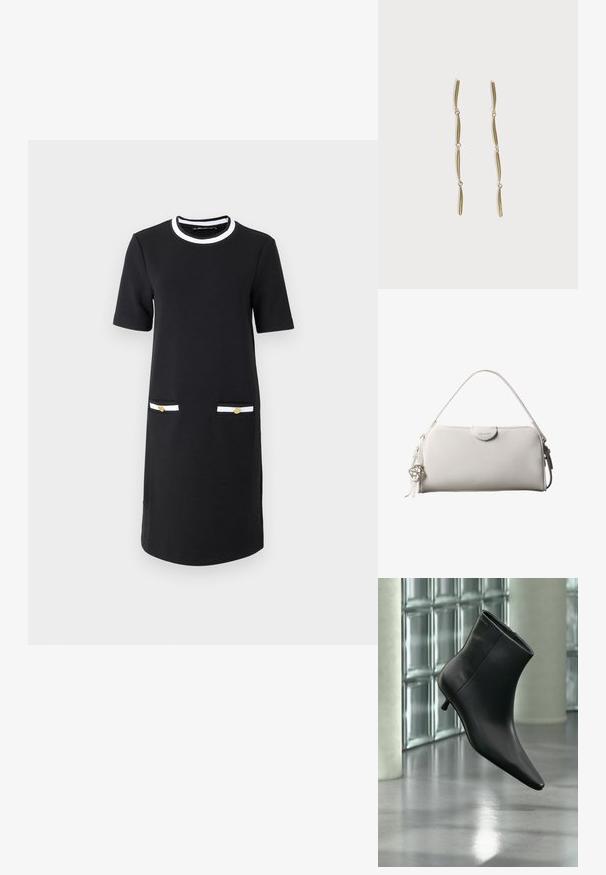 Schwarzes knielanges Kleid mit rundem Ausschnitt, kurzen Ärmeln, zwei Vordertaschen mit weißer und goldener Verzierung sowie einer glatten Stoffbeschaffenheit.; Schwarzer Leder-Stiefelette mit spitzer Zehenpartie und niedrigem Kitten-Heel, schräg dargestellt vor einem polierten Boden und einer Glasbausteinwand.; Weiße rechteckige Calvin Klein Handtasche mit einem einzelnen Henkel, minimalistischem Design und dekorativen Quasten mit geometrischem Metallanhänger an der Seite.; Lange goldene Ohrringe, bestehend aus vier verlängerten verbundenen gebogenen Stäben auf weißem Hintergrund.