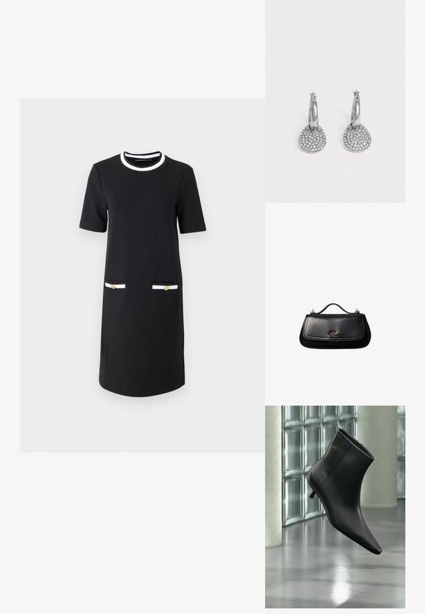 Schwarzes knielanges Kleid mit rundem Ausschnitt, kurzen Ärmeln, zwei Vordertaschen mit weißer und goldener Verzierung sowie einer glatten Stoffbeschaffenheit.; Schwarzer Leder-Stiefelette mit spitzer Zehenpartie und niedrigem Kitten-Heel, schräg dargestellt vor einem polierten Boden und einer Glasbausteinwand.; Schwarze Lederhandtasche mit kleinem Griff, goldfarbenem "cK" Logo auf der Frontklappe und goldfarbenen Hardware-Akzenten.; Silberne Creolen-Ohrringe mit runden, flachen Anhängern besetzt mit kleinen klaren Kristallen auf schlichtem, hellem Hintergrund.