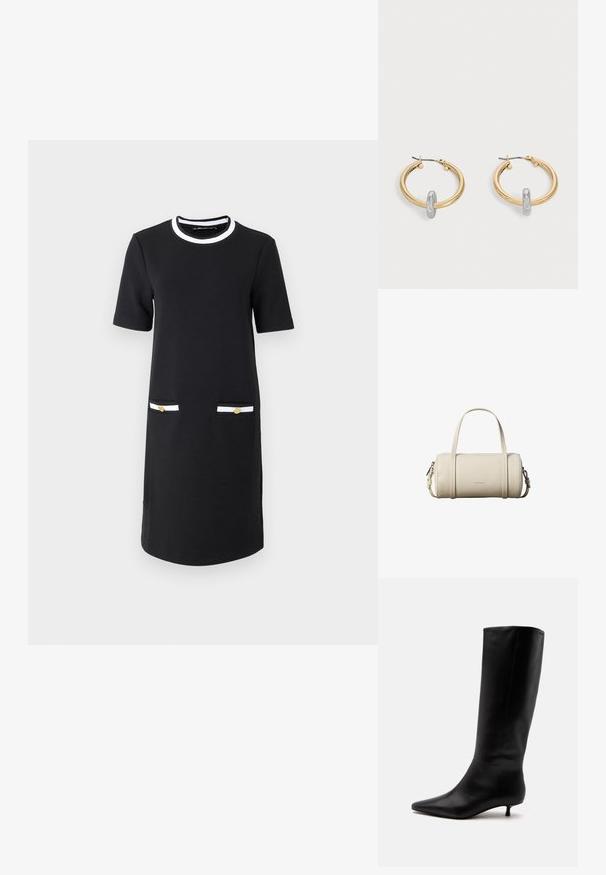 Schwarzes knielanges Kleid mit rundem Ausschnitt, kurzen Ärmeln, zwei Vordertaschen mit weißer und goldener Verzierung sowie einer glatten Stoffbeschaffenheit.; Schwarzer kniehoher Lederstiefel mit spitz zulaufender Schuhspitze und niedrigem Kittenabsatz vor einem schlichten hellen Hintergrund.; Kleine zylindrische beige Lederhandtasche mit zwei Griffen, einem abnehmbaren Schulterriemen und Calvin Klein-Logo auf der Vorderseite.; Paar goldfarbene Creolen mit kleinem silberfarbenem Schlaufen-Detail an jeder, vor hellem grauem Hintergrund präsentiert.