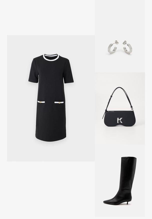 Vestido negro hasta la rodilla con cuello redondo, mangas cortas, dos bolsillos frontales con detalles en blanco y dorado, y una textura de tela suave.; Bota alta de cuero negro hasta la rodilla con puntera puntiaguda y tacón bajo tipo kitten sobre un fondo claro y liso.; Bolso negro con forma curva, material texturizado, logotipo plateado y una correa delgada. Cierre superior con cremallera y características de diseño minimalista.; Pendientes aros de metal plateado con un diseño texturizado, que cuentan con un pequeño respaldo de clip y una marca en uno de los aros. Forma redondeada con un acabado pulido.