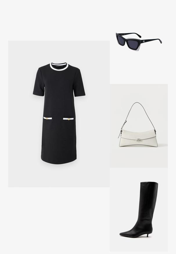 Schwarzes knielanges Kleid mit rundem Ausschnitt, kurzen Ärmeln, zwei Vordertaschen mit weißer und goldener Verzierung sowie einer glatten Stoffbeschaffenheit.; Schwarzer kniehoher Lederstiefel mit spitz zulaufender Schuhspitze und niedrigem Kittenabsatz vor einem schlichten hellen Hintergrund.; Schwarze übergroße Sonnenbrille mit geometrischer Form, ausgestattet mit dunklen Gläsern und einem kontrastierenden grauen Detail im Rahmen. Logo am Bügel.; Weiße Lederschultertasche mit geschwungenem Überschlag, schwarzer Kante, verstellbarem Riemen und silberner dekorativer Schnalle auf schlichtem Hintergrund.
