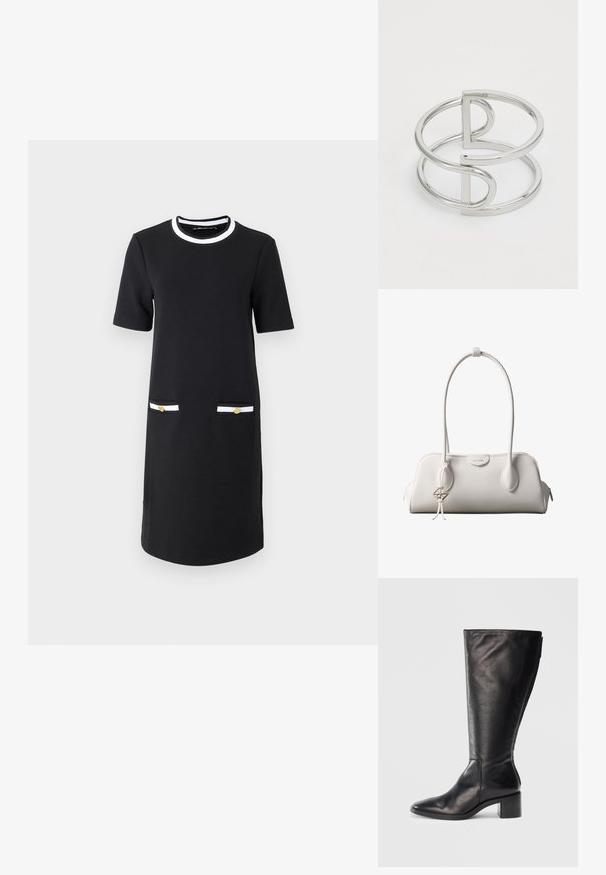 Vestido negro hasta la rodilla con cuello redondo, mangas cortas, dos bolsillos frontales con detalles en blanco y dorado, y una textura de tela suave.; Bota de cuero negra hasta la rodilla con punta cuadrada, tacón cuadrado y diseño elegante. Textura suave con cremallera lateral para facilitar su uso.; Bolso de hombro blanco de Calvin Klein con asas largas, forma rectangular, cierre de cremallera y charm decorativo con el logo colgando cerca del asa.; Brazalete de metal plateado con un diseño de doble lazo, acabado liso y brillante, y un acento geométrico minimalista.