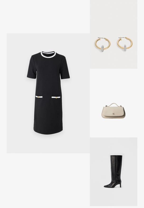 Vestido negro hasta la rodilla con cuello redondo, mangas cortas, dos bolsillos frontales con detalles en blanco y dorado, y una textura de tela suave.; Botas negras hasta la rodilla hechas de cuero suave, con punta puntiaguda y tacón delgado, con caña ajustada y diseño minimalista.; Pequeño bolso de mano de cuero beige con asa superior y logo plateado de CK en la solapa frontal, mostrado sobre un fondo blanco.; Par de pendientes de aro en tono dorado con pequeño detalle de aro en tono plateado en cada uno, expuestos sobre un fondo gris claro.