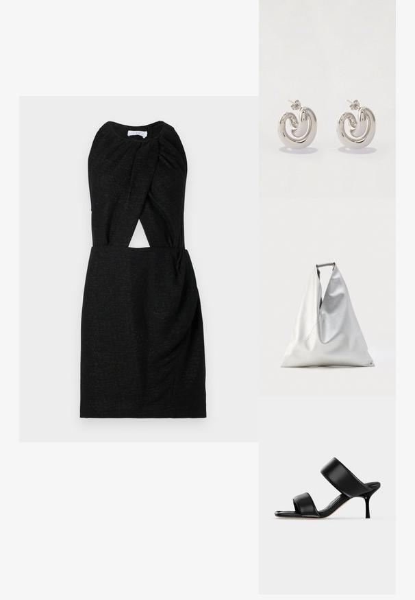 Vestido negro con escote retorcido, detalle en la cintura y tejido texturizado con sutil destello. Silueta sencilla y ajustada.; Sandalia mule de cuero negro con dos tiras anchas y un tacón de aguja delgado de altura media sobre un fondo claro y sencillo.; Bolso tote grande plateado con forma triangular y textura de cuero suave, de pie con el asa superior visible sobre un fondo liso.; Pendientes de metal plata con un diseño en espiral, que presentan superficies lisas y un acabado pulido, asegurados con un cierre de mariposa.