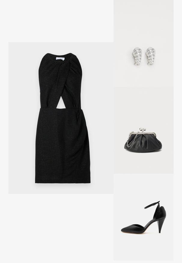 Vestido negro con escote retorcido, detalle en la cintura y tejido texturizado con sutil destello. Silueta sencilla y ajustada.; Zapato negro de tacón alto con punta puntiaguda, correa en el tobillo y tacón cónico sobre fondo blanco.; Clutch de cuero negro con textura arrugada, marco de metal en tono plateado, cierre de beso y cadena para colgar. Superficie suave y lisa.; Pendientes de clip plateados con un diseño en espiral, que presentan una textura metálica suave y formas redondeadas. Sin adornos ni patrones visibles.