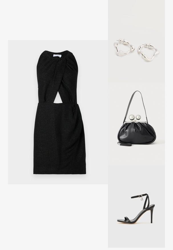 Vestido negro con escote retorcido, detalle en la cintura y tejido texturizado con sutil destello. Silueta sencilla y ajustada.; Sandalia de tacón alto negra con una estrecha correa en el tobillo, punta cuadrada, material de cuero liso y detalle de hebilla metálica.; Bolso de mano de cuero negro con diseño fruncido, una sola correa, marco metálico plateado y dos cierres grandes redondos de plata.; Pendientes de aro de forma irregular en tono plateado con cierre de poste sobre una superficie blanca lisa.