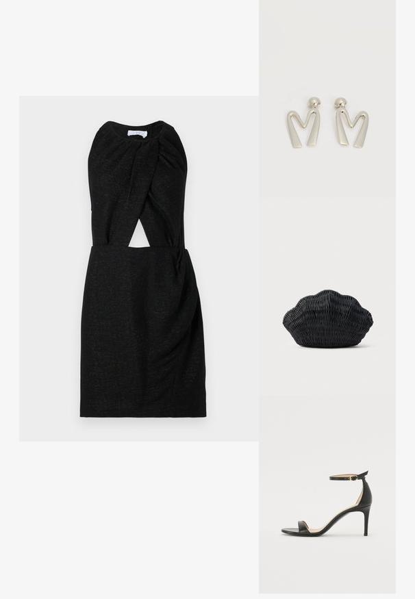 Vestido negro con escote retorcido, detalle en la cintura y tejido texturizado con sutil destello. Silueta sencilla y ajustada.; Sándalo de tacón alto de piel negra con tiras en el tobillo. Presenta una textura suave, puntera abierta y un tacón delgado. Detalles de hebilla en tono dorado.; Bolso de mimbre negro con forma de concha de vieira con parte superior curva y textura tejida sobre un fondo liso.; Par de pendientes de metal plateado con forma de letra M angular y postes redondeados sobre un fondo blanco.