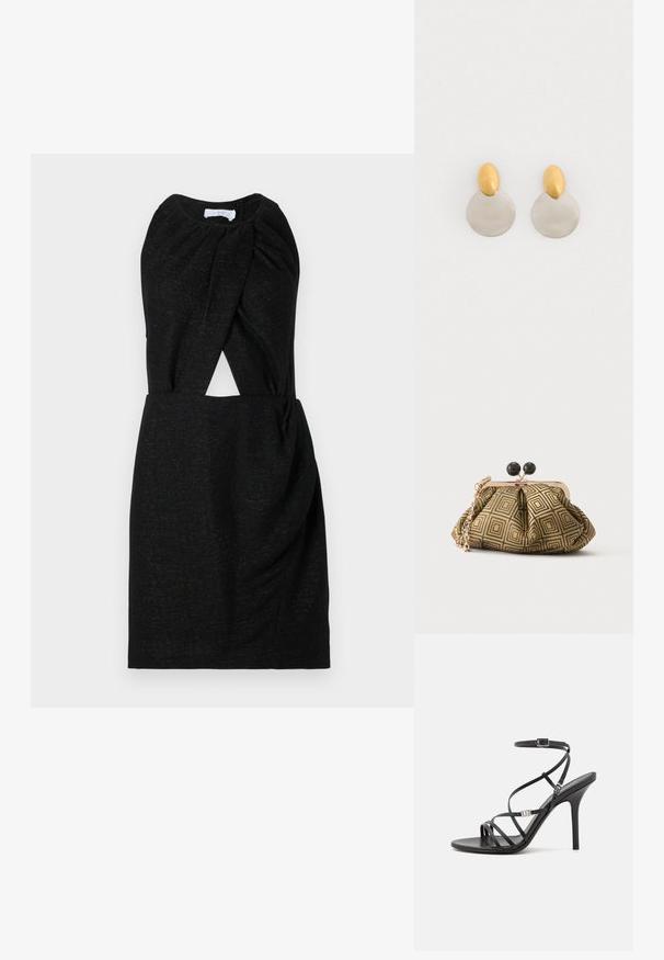 Vestido negro con escote retorcido, detalle en la cintura y tejido texturizado con sutil destello. Silueta sencilla y ajustada.; Sándalo negro de tacón alto con tiras finas, hebilla en el tobillo, superficie de cuero suave y tacón de aguja esbelto.; Pequeño bolso de mano con patrón geométrico en dorado y negro, marco metálico dorado, cierre de bola negro y una corta correa de cadena dorada.; Pendientes de metal dorado y plateado con base de disco redondo y pieza superior ovalada, textura suave y acabado pulido.