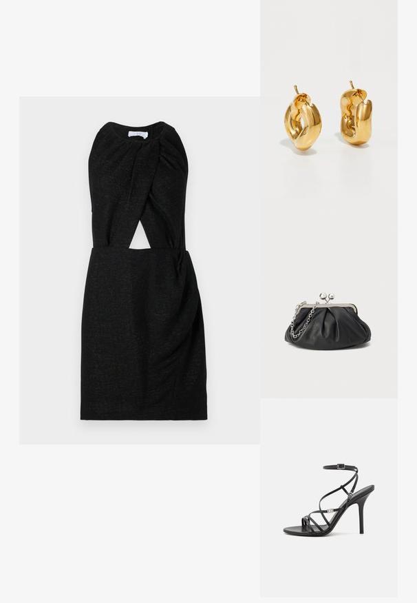 Vestido negro con escote retorcido, detalle en la cintura y tejido texturizado con sutil destello. Silueta sencilla y ajustada.; Sándalo negro de tacón alto con tiras finas, hebilla en el tobillo, superficie de cuero suave y tacón de aguja esbelto.; Clutch de cuero negro con textura arrugada, marco de metal en tono plateado, cierre de beso y cadena para colgar. Superficie suave y lisa.; Pendientes de aro grueso en oro con un diseño tubular ligeramente retorcido y cierre de presión, sobre un fondo blanco.