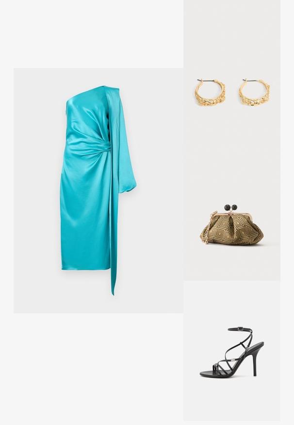 Robe en satin turquoise à une épaule avec détail noué drapé et longue pièce de tissu sur le côté, longueur genou.; Sandale noire à talons hauts avec des brides fines, une boucle à la cheville, une surface en cuir lisse et un talon aiguille élancé.; Petite pochette avec motif géométrique doré et noir, cadre en métal doré, fermeture à boule noire et une courte chaîne dorée.; Paire de boucles d’oreilles créoles couleur or avec embossage floral et feuillage orné sur un fond neutre.