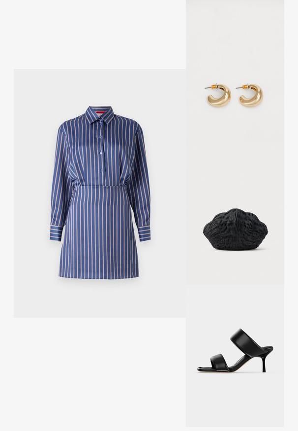 Vestido de camiseta a rayas azul y crema con cuello de solapa, frente de botones y mangas largas, que presenta una cintura ajustada y una textura suave.; Sandalia mule de cuero negro con dos tiras anchas y un tacón de aguja delgado de altura media sobre un fondo claro y sencillo.; Bolso de mimbre negro con forma de concha de vieira con parte superior curva y textura tejida sobre un fondo liso.; Dos pendientes de aro dorados brillantes en un diseño curvado, con acentos naranjas cerca del poste, sobre un fondo blanco liso.