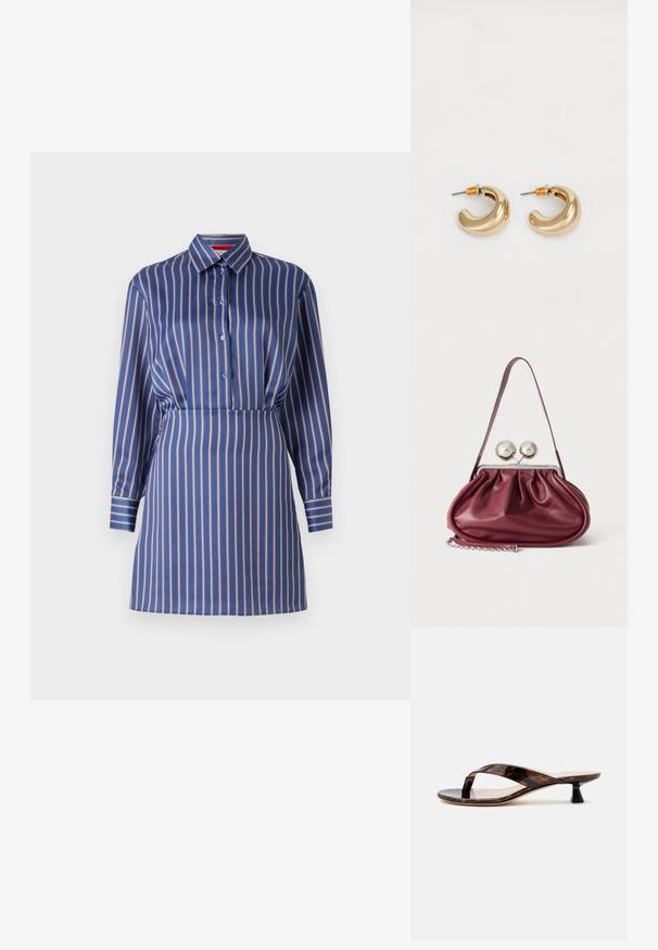 Vestido de camiseta a rayas azul y crema con cuello de solapa, frente de botones y mangas largas, que presenta una cintura ajustada y una textura suave.; Sandalia de tacón bajo estilo "kitten heel" de carey marrón con tira tobillera y puntera cuadrada sobre un fondo liso claro.; Pequeño bolso de mano de cuero burdeos con detalles fruncidos, una correa fina y un cierre de plata con dos grandes pomos redondos.; Dos pendientes de aro dorados brillantes en un diseño curvado, con acentos naranjas cerca del poste, sobre un fondo blanco liso.