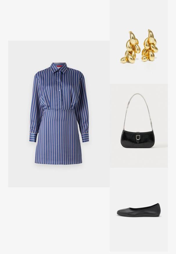 Vestido de camiseta a rayas azul y crema con cuello de solapa, frente de botones y mangas largas, que presenta una cintura ajustada y una textura suave.; Bailarina de piel negra con punta redondeada, textura suave, detalle de costura minimalista y diseño de suela flexible.; Bolso de hombro de charol negro con detalle de hebilla plateada y correa de cadena plateada, presentado sobre un fondo liso y claro.; HUGO KREIT PISTIL CHAIN - Pendientes - gold-coloured