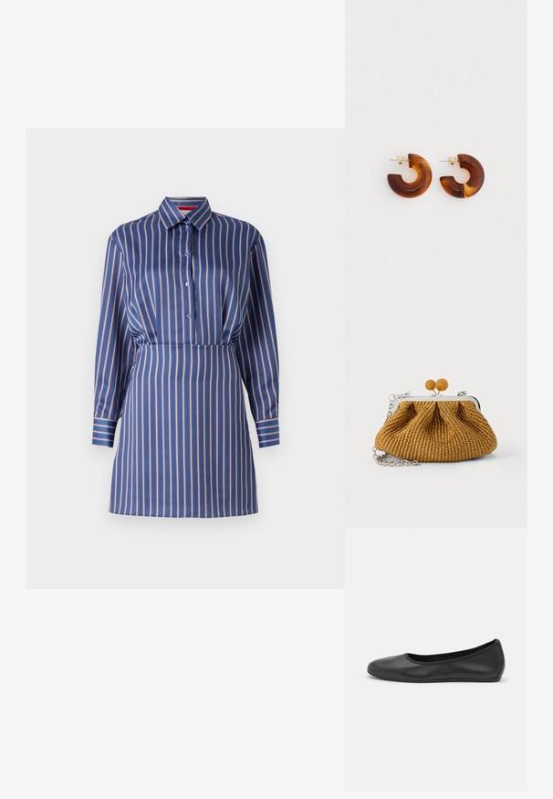 Vestido de camiseta a rayas azul y crema con cuello de solapa, frente de botones y mangas largas, que presenta una cintura ajustada y una textura suave.; Bailarina de piel negra con punta redondeada, textura suave, detalle de costura minimalista y diseño de suela flexible.; Pequeño bolso de mano tejido marrón con marco metálico plateado, dos cierres redondos de madera y una correa corta de cadena plateada sobre un fondo blanco.; Pendientes de aro de acrílico marrón con un diseño curvado. Herrajes en tono dorado. Superficie lisa con un acabado brillante.