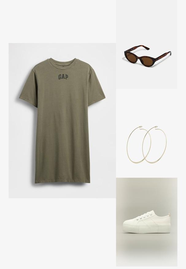 Olivenfarvet bomuld t-shirt med korte ærmer, rund halsudskæring og sort "GAP" logo centreret på brystet. Enkel design, ensfarvet.; Hvid platform sneaker med tyk struktureret sål, snørelukning foran og subtile syningsdetaljer på en neutral baggrund.; Brune skildpadde solbriller med en vintage katteøje-form og brune linser. Har buede arme med røde detaljer.; Pilgrim Øreringe - gold-coloured