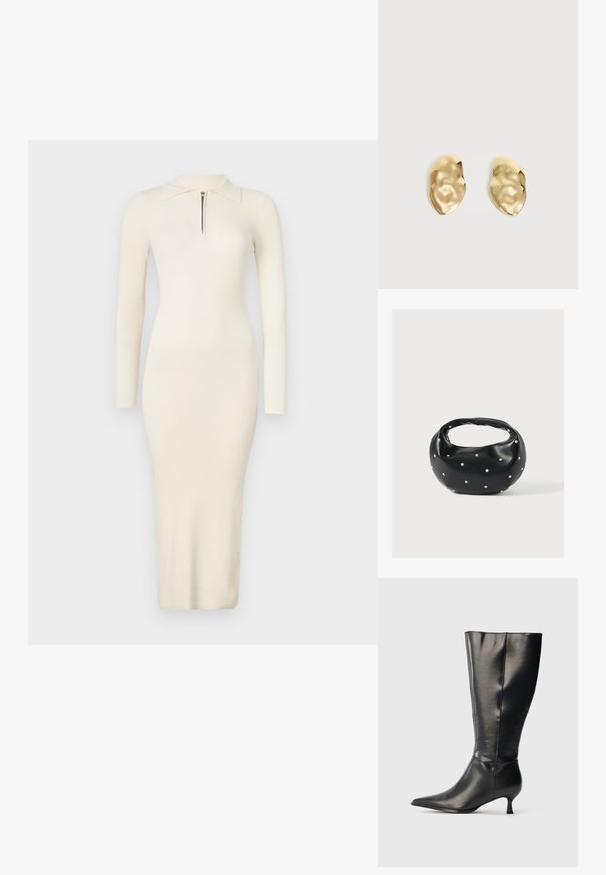 Robe crème à manches longues, côtelée, avec col polo et fermeture éclair à l'avant ; silhouette ajustée avec une longueur midi. Tissu doux et extensible.; Botte en cuir noire montant jusqu'au genou, avec un bout pointu et un petit talon bas, présentée sur un fond clair uni.; Sac à main en cuir noir de forme arrondie, décoré de clous argentés et équipé d'une poignée courte. Texture lisse et fermeture éclair.; Paire de boucles d'oreilles en métal doré brillant, de forme irrégulière, avec une surface froissée et lisse sur un fond clair uni.