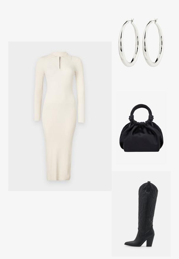 Ribad, pika varrukaga kreemivärvi kleit, millel on polo krae ja eesmine tõmblukk; keha lähedane siluett midi pikkuses. Pehme, veniv kangas.; Zign by Zalando LEATHER - Kauboi-/mootorrattasaapad - black; Mustast pehmest kangast käekott kroogitud ülaosaga ja ümarate polsterdatud käepidemetega, mis on kummalgi küljel sõlmedega seotud.; Hõbedased rõngasKõrvarõngad, millel on sile ja peegeldav pind. Ümara, suure kujuga ja ülemises osas turvalise klambriga. Poleeritud viimistlus toob esile sära.