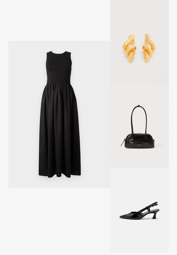 Sort kjole med en tætsiddende, smocket overdel og en udvidet nederdel. Fremstillet af letvægtsstof med ærmeløs design og rund halsudskæring.; Sort laklæderslingback med lille hæl, spids tå og justerbar guldlåsrem på hvid baggrund.; Sort læderhåndtaske med en rund form, to håndtag og guldfarvede metaldetaljer. Den har lynlås og et mærke foran.; Par af blanke, guldfarvede hængende øreringe med et tykt, skulpturelt, ujævnt spiraldesign på hvid baggrund.