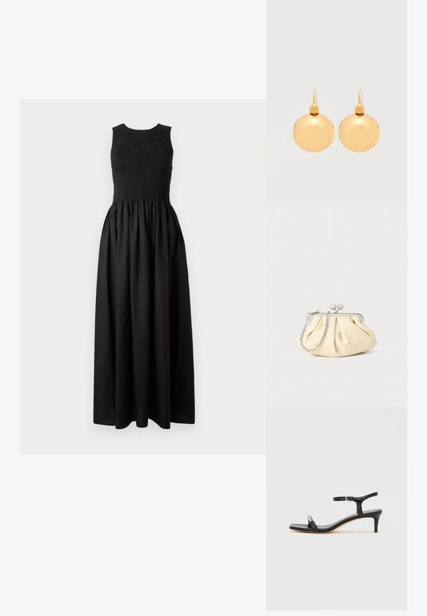 Zwarte jurk met een aangesloten, geplooide top en een uitlopende rok. Gemaakt van lichtgewicht stof, met een mouwloos ontwerp en een ronde halslijn.; Zwarte leren sandaal met hak, enkelbandje, open neus, vierkante voorkant en zilverkleurige accenten. Gesloten ontwerp met een slank profiel.; Geplooide beige leren clutch met een zilveren metalen frame, voorzien van twee ronde decoratieve sluitingen en een zilveren kettingriem.; Een paar glanzende gouden kerstbal-oorbellen met haaksluitingen op een effen witte achtergrond.