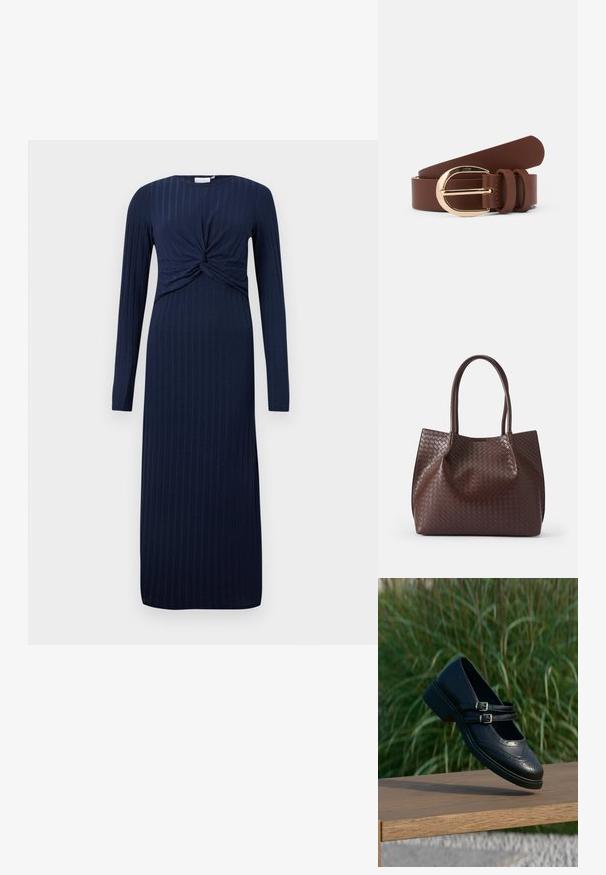 Navyblaues langärmeliges Kleid mit einem verdrehten Knotendetail an der Vorderseite, mit ribbeliger Textur und geradem, bodenlangem Schnitt.; Schwarzer Mary Jane Lederschuh mit doppelten Schnallenriemen und Brogue-Details, schwebend über einer Holzbank mit grünem Gras im Hintergrund.; Braune geflochtene Leder-Tasche mit zwei Griffen, die eine strukturierte Oberfläche und ein offenes Design aufweist. Minimalistische Form ohne zusätzliche Beschläge.; Brauner Ledergürtel mit einer glänzenden goldenen Schnalle und zwei Lederschlaufen. Glatte Textur, flaches Design und abgerundete Enden.