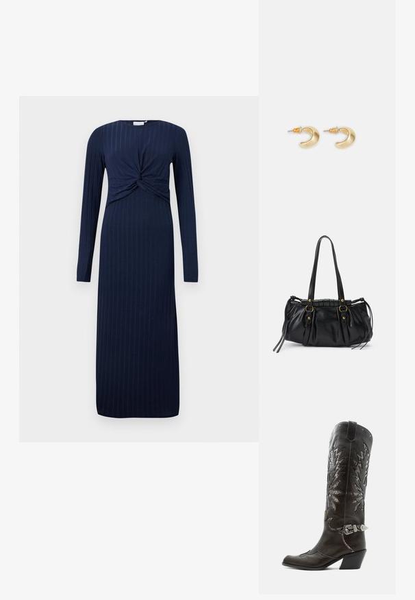 Vestido azul marino de manga larga con detalle de nudo torcido en la parte delantera, que presenta una textura acanalada y una silueta recta, hasta el suelo.; Bota cowboy de cuero negro con recortes decorativos, hebilla plateada y tacón inclinado, presentada sobre fondo blanco.; Bolso de mano de cuero negro con forma redondeada, asas dobles, acentos de hardware decorativo y detalles de lazo en los laterales. Textura lisa y brillante.; Pendientes en forma de media luna de oro con un acabado suave, que presentan acentos naranjas cerca del pasador y herrajes de plata.