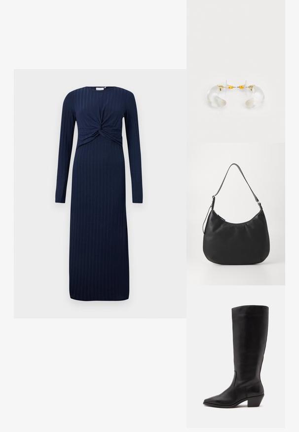Navyblaues langärmeliges Kleid mit einem verdrehten Knotendetail an der Vorderseite, mit ribbeliger Textur und geradem, bodenlangem Schnitt.; Schwarzer Lederstiefel bis zur Wade mit spitzer Spitze und niedrigem schrägem Absatz vor einfachem hellem Hintergrund.; Schwarze Hobo-Tasche aus glattem, strapazierfähigem Material. Verfügt über einen einzelnen verstellbaren Tragegurt und ein dezentes, eingeprägtes Logo auf der Vorderseite.; Klare Acryl-Ohrringe in Hoop-Form mit goldenen Akzenten, die ein geschwungenes Design und einen transparenten Verschluss aufweisen. Glatte Textur, minimalistischer Stil.