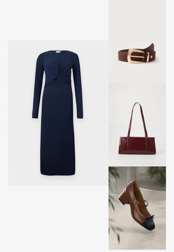 Navyblauwe jurk met lange mouwen en een gedraaide knoopdetail aan de voorkant, met een geribbelde textuur en een rechte, vloerlange silhouet.; Bruine leren Mary Jane hak met zwarte neuskap, zwart strikje, gouden gespsluiting en blokhak op lichte, gestructureerde vloer.; Bourgondische handtas van glanzend materiaal, rechthoekige vorm, met twee schouderbanden en subtiele gebogen accenten aan de voorkant.; Bruine leren riem opgerold met een glanzende gouden rechthoekige gesp en een klein rond metalen logo vlakbij de punt.