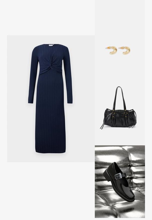 Navyblaues langärmeliges Kleid mit einem verdrehten Knotendetail an der Vorderseite, mit ribbeliger Textur und geradem, bodenlangem Schnitt.; Schwarze Leder-Mary-Jane-Schuhe mit quadratischer Zehenform, einem silbernen Schnallenakzent und einem robusten, niedrigen Absatz, vor einem glänzenden silbernen Hintergrund.; Schwarze Lederhandtasche mit runder Form, doppelten Griffen, dekorativen Hardware-Details und seitlichen Bindebändern. Glatte, glänzende Textur.; Goldene, mondförmige Ohrringe mit glatter Oberfläche, die orangefarbene Akzente nahe dem Stecker und silberne Beschläge aufweisen.