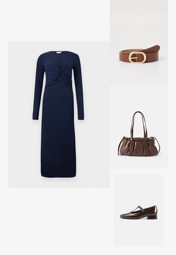 Navyblauwe jurk met lange mouwen en een gedraaide knoopdetail aan de voorkant, met een geribbelde textuur en een rechte, vloerlange silhouet.; Bruine lakleren Mary Jane-schoenen met een afgeronde neus, een uitgesneden ontwerp en een verstelbare riem. Lage blokhak.; Bruine leren handtas met twee lange handvatten,Gathered ontwerp, gouden hardware accenten en een gestructureerde afwerking.; Bruine leren riem met een gouden ovale gesp en gestikte details. Gladde textuur met een minimalistisch ontwerp en een taps toelopende uiteinde.