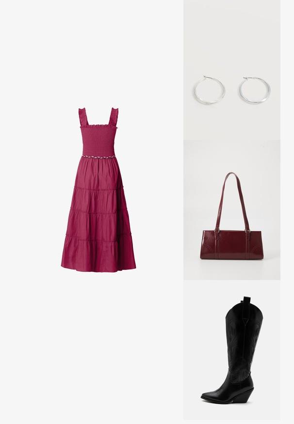 Sleeveless dark pink maxi dress with smocked bodice, ruffled straps, tiered skirt, and decorative white rope belt at the waist.; Black leather cowboy boot with pointed toe, angled block heel, decorative stitching, and pull tabs on top against white background.; Burgundy handbag made of glossy material, rectangular shape, with two shoulder straps and subtle curved accents on the front.; Silver metal hoop earrings with smooth, slightly curved surface and latch-back closures on a plain white background.