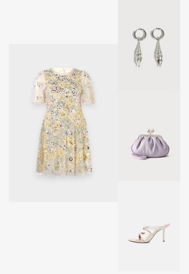 Needle & Thread ELINA ROSE SHORT SLEEVE MINI DRESS - Vestido de fiesta - cream; Mule beige de tacón alto con punta afilada, tacón fino de tipo stiletto y tres amplias tiras de cuero cruzando el pie.; Bolso de mano suave de lavanda con tela recogida, cierre de beso plateado y correa de muñeca a juego sobre un fondo liso y claro.; Pendientes de aro plateados con colgantes en forma de caracola alargada en espiral colgando de cada aro sobre un fondo blanco liso.