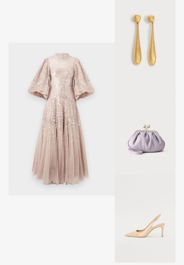 Robe longue sans manches de couleur beige clair avec un corsage texturé orné de sequins. Prend en charge des manches bouffantes volumineuses et une jupe fluide.; Escarpin slingback en cuir verni nude avec un bout pointu, un décolleté ouvert et un talon aiguille fin. Comprend un accent doré circulaire sur la sangle.; Pochette lavande douce avec tissu froncé, fermoir kiss-lock argenté et bracelet assorti sur un fond clair uni.; Paire de longues boucles d'oreilles dorées, lisses et brillantes, en forme de goutte avec des sommets arrondis et des formes de goutte effilées sur un fond clair.