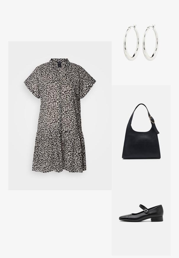 Kortærmet, knælængde kjole i letvægtsstof, med et mønster af sort og beige leopard og en lagdelt flæse i bunden.; Sorte læder Mary Jane-sko med en patenttå, justerbar ankelrem og lav blokhæl. Glat tekstur og strømlinet design.; Sort læder tote taske med en glat overflade, rund form og en enkelt skulderrem med et cirkulært guld hardware-ornament.; Sølvøreringe i form af hoops med en glat, blank finish. Cirkulær form, der har en sikker lås. Simpelt og elegant design.