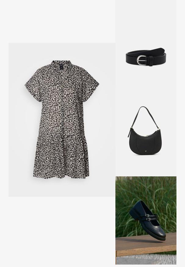 Kortærmet, knælængde kjole i letvægtsstof, med et mønster af sort og beige leopard og en lagdelt flæse i bunden.; Sort læder Mary Jane-sko med dobbelte spænder og brogue-detaljer, der svæver over en træbænk med grøn græsbaggrund.; Sort læderhåndtaske med en buet form, struktureret overflade, forreste syninger og et logo i guldfarve. Har en enkelt justerbar rem.; Sort læderbælte med en sølv rund spænde, flad design, spids ende, glat tekstur og minimalistisk stil.