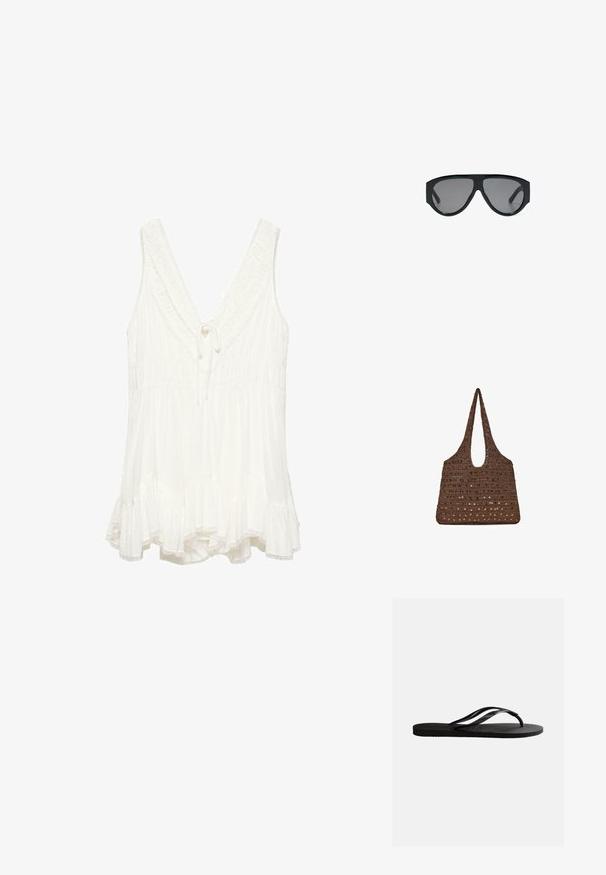 Blouse blanche sans manches avec un profond col en V, bordure à volants, taille froncée, détail noué au niveau du col et ourlet évasé avec des bords en dentelle.; Sandale tong en caoutchouc noir avec semelle texturée et fines brides en Y sur un fond blanc uni.; Lunettes de soleil aviateur noires oversize avec des verres teintés foncés, affichées sur fond blanc.; Sac cabas marron crocheté avec base plate et anses à hauteur d'épaule, orné de sequins dispersés sur la moitié inférieure.