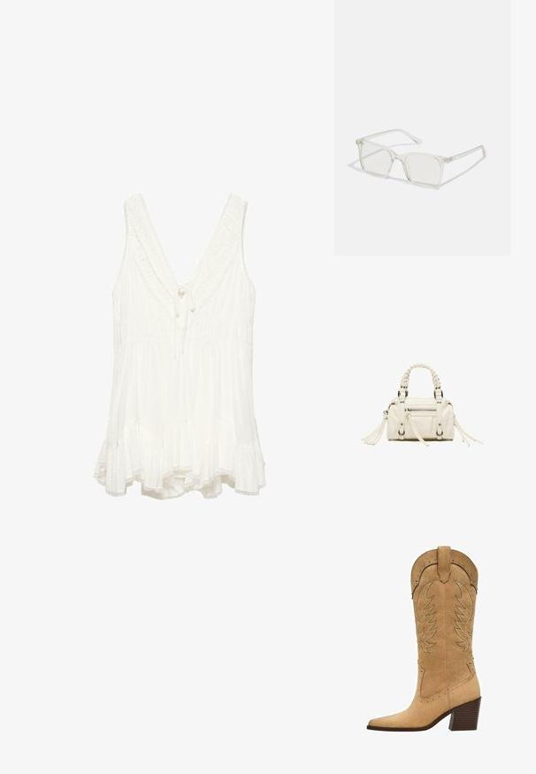 Blouse blanche sans manches avec un profond col en V, bordure à volants, taille froncée, détail noué au niveau du col et ourlet évasé avec des bords en dentelle.; Botte de cowboy en daim beige avec un bout pointu, des coutures décoratives et des accents latéraux. Comprend un talon en bois légèrement surélevé.; Lunettes carrées en plastique transparent avec des verres translucides, dotées d'accents dorés sur les branches pour plus de détails.; Petit sac à main blanc avec poignées tressées, poche zippée à l'avant et longs détails en pampilles sur les côtés, présenté sur un fond blanc.