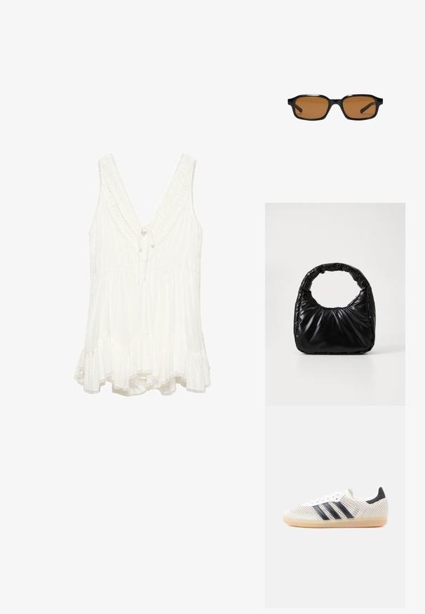 Blouse blanche sans manches avec un profond col en V, bordure à volants, taille froncée, détail noué au niveau du col et ourlet évasé avec des bords en dentelle.; Baskets en maille blanche avec un design à trois bandes noires, bout arrondi et semelle en caoutchouc gomme. Dotées d'un col de talon souple et d'une fermeture à lacets.; Lunettes de soleil rectangulaires noires avec des montures épaisses et des verres teintés marron, vues de face sur un fond blanc.; Sac à main noir rembourré avec une poignée arrondie, présentant une surface lisse et brillante ainsi qu'une texture douce et matelassée. Pas de quincaillerie ou d'accents visibles.