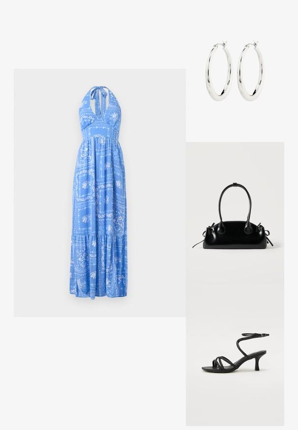 Blå halterneck maxikjole med blomster- og paisleymønstre, lagdelt skørt og en afslappet pasform. Blødt stof med en let tekstur.; Even&Odd Wide Fit by Zalando Sandaler - black; Lille sort blank håndtaske med to lange håndtag og snøre-detaljer i siden på en ensfarvet lys baggrund.; Sølvøreringe i form af hoops med en glat, blank finish. Cirkulær form, der har en sikker lås. Simpelt og elegant design.