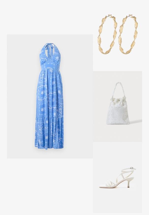 Maxikleid mit blauem Neckholder, verziert mit floralen und Paisley-Mustern, gestuftem Rock und lockerer Passform. Weiches Material mit leichter Textur.; Weiße Damensandale mit Riemchen, dünnen Absätzen, drei Vorderseitenriemen und einem Knöchelriemen mit silberner Schnalle.; Weiße Stofftasche mit Spitzenblumenstickerei und einem gerafften oberen Griff, gezeigt vor einem schlichten hellen Hintergrund.; Goldfarbene, gedrehte Ohrringe mit texturierter Oberfläche und einem sicheren Verschluss. Das Design zeigt wirbelnde Muster, die Tiefe erzeugen.