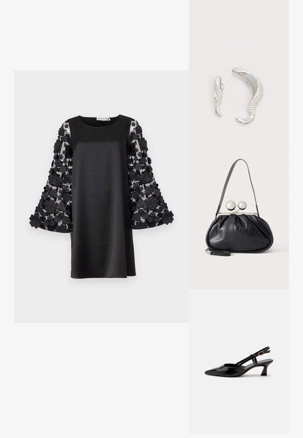 Zwarte jurk met een gladde satijnen body en doorschijnende bloemenkant klokmouwen met driedimensionale zwarte bloemenapplicaties.; Zwarte lakleren slingback kitten heel schoen met spitse neus en verstelbare gouden gespsluiting op een witte achtergrond.; Zwarte leren handtas met een geplooid ontwerp, een enkele schouderband, zilverkleurige metalen omlijsting en twee grote ronde zilveren sluitingen.; Twee gebogen zilveren oorbellen, de één groter dan de ander, beide versierd met kleine fonkelende kristallen langs één rand.
