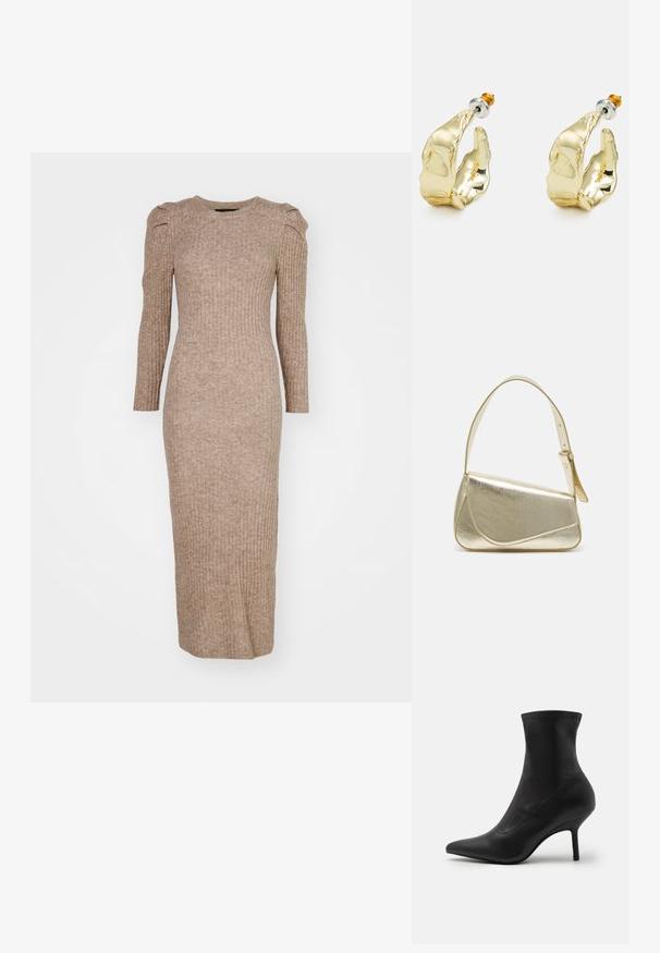 Vestido de punto acanalado de manga larga en un color marrón claro, con cuello redondo y detalles de hombros abullonados, que presenta una silueta ceñida.; Anna Field by Zalando Botines - black; Bolso de mano metálico dorado con un diseño estructurado, textura suave y correa ajustable. Presenta una forma triangular única y un cosido minimalista.; Pendientes en tono dorado con forma de manos abstractas, que presentan una superficie brillante, detalles intrincados y un poste de plata y oro para un ajuste seguro.