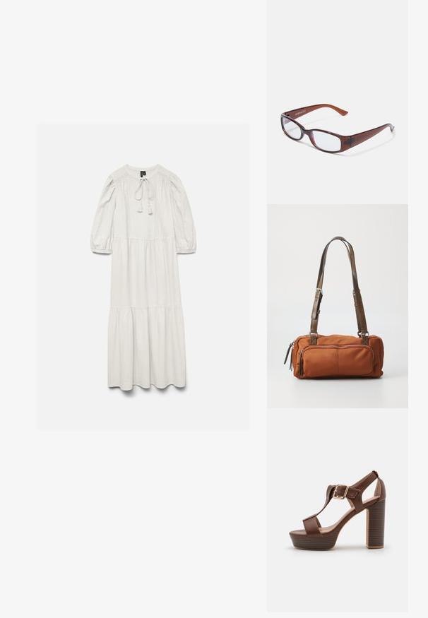 Longue robe blanche avec manches bouffantes trois-quarts, encolure ronde avec lien, jupe à volants et délicates coutures aux épaules et aux poignets.; Sandales à talons hauts en cuir marron avec plateforme, présentant un design à lanière en T et un accent de boucle dorée sur la cheville. Talon en bloc texturé.; Lunettes rectangulaires teintées de brun avec une finition brillante, dotées de branches fines et de verres transparents. Logo visible sur la branche gauche.; Sac en tissu marron de forme rectangulaire, avec deux poignées réglables et une poche zippée à l'avant. Texture lisse avec des accents en métal argenté.