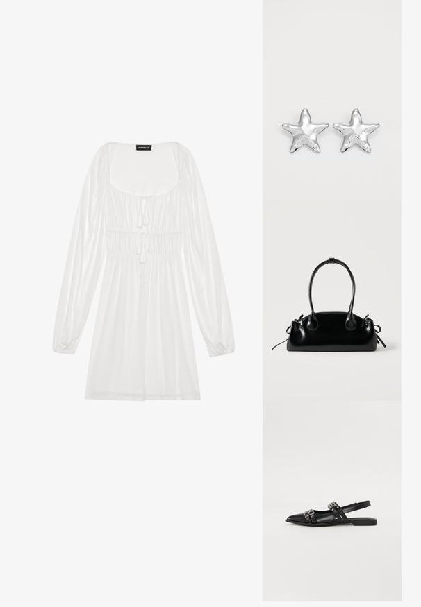 Hvid langærmet kjole med firkantet udskæring, samlet talje med snøring og flydende skørt, lavet af letvægts, glat stof.; Even&Odd by Zalando Slingback-ballerinasko - black; Lille sort blank håndtaske med to lange håndtag og snøre-detaljer i siden på en ensfarvet lys baggrund.; Sølvstjernede øreringe med en poleret, blank overflade. Hver ørering har fem spidser og subtile teksturdetaljer på overfladen.
