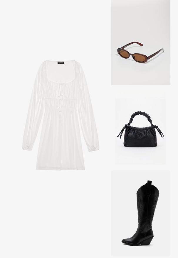Robe blanche à manches longues avec décolleté carré, taille froncée avec cordon de serrage et jupe fluide, fabriquée en tissu léger et doux.; Botte de cowboy en cuir noir avec bout pointu, talon bloc incliné, couture décorative et languettes en haut sur fond blanc.; Lunettes de soleil rondes teinte brun avec une monture bordeaux brillante. Branches fines avec un détail de marque subtil. Design de verres plats.; Sac à main noir avec texture crocodile, bord supérieur froncé, poignée plissée et pompons à cordon de chaque côté sur fond blanc.
