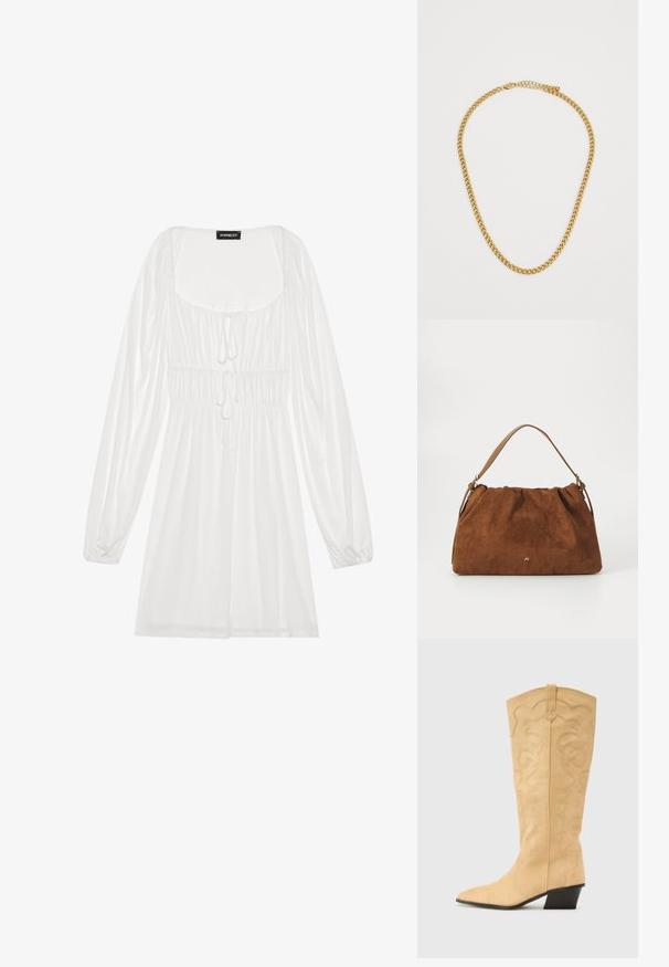 Robe blanche à manches longues avec décolleté carré, taille froncée avec cordon de serrage et jupe fluide, fabriquée en tissu léger et doux.; RAID VAANYA - Bottes de cowboy / motard - nude; Sac à main en daim marron avec un design plissé, arborant une seule sangle en cuir beige et un discret logo doré à l'avant.; Collier en chaîne dorée avec des maillons entrelacés, texture lisse et fermoir. Dispose d'une longueur réglable pour un ajustement personnalisé.