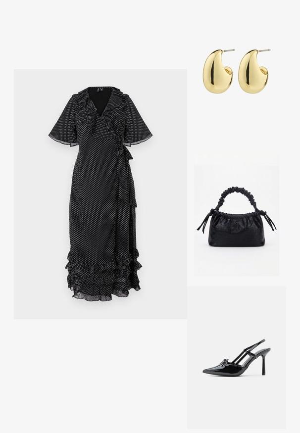 Sort slå-om-kjole med hvide polkaprikker, flæseærmer og flæsekant. Har bindebånd i taljen og en flydende silhuet. Letvægtsstof.; Sort lakeret læder højhælet slingback-sko med spids tå, tynd hæl og dobbelt remdetalje over vristen.; Sort taske med krokodilletekstur, rynket øverste kant, samlet hank og snore med kvaster på hver side mod en hvid baggrund.; Guldtonede studøreringe med en glat, poleret overflade i en abstrakt, tårnform. Simple metalpind til fastgørelse.