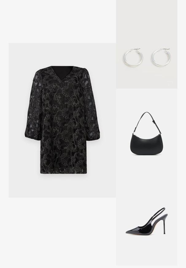 Zwarte jurk met een V-hals, lange pofmouwen en een bloemenkant overlay met ingewikkelde bladeren- en bloemenpatronen. Geweven afwerking.; Zwarte slingback pump van lakleer met spitse neus, slanke hoge hak en een gebogen uitsnijding aan de zijkant. Gladde, glanzende afwerking.; Pieces PCALUANA SHOULDER BAG - Handtas - black; Een paar middelgrote glanzende zilveren oorringen met dunne metalen sluitingen op een lichte neutrale achtergrond.